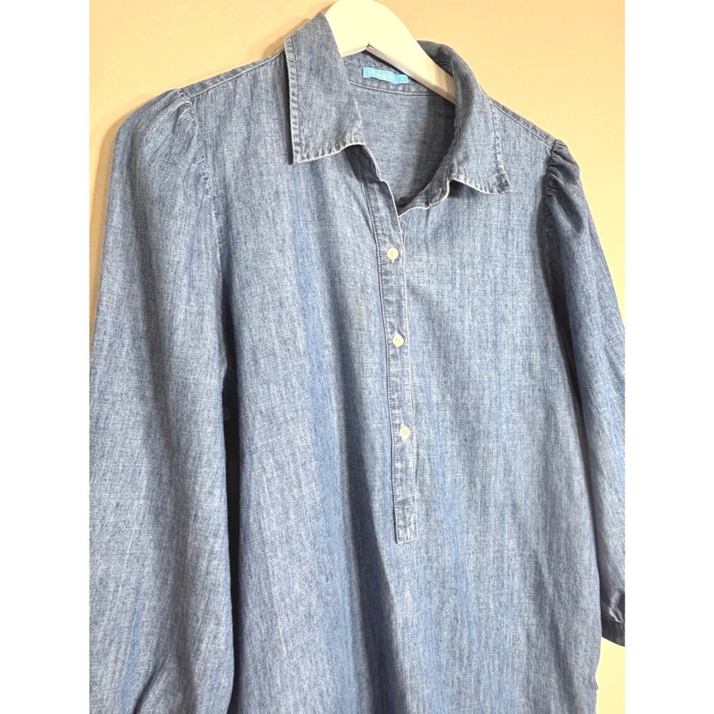 J.McLaughlin Womens Blue Denim Chambray Shirt Dress Midi Pockets Size L - Picture 2 of 15